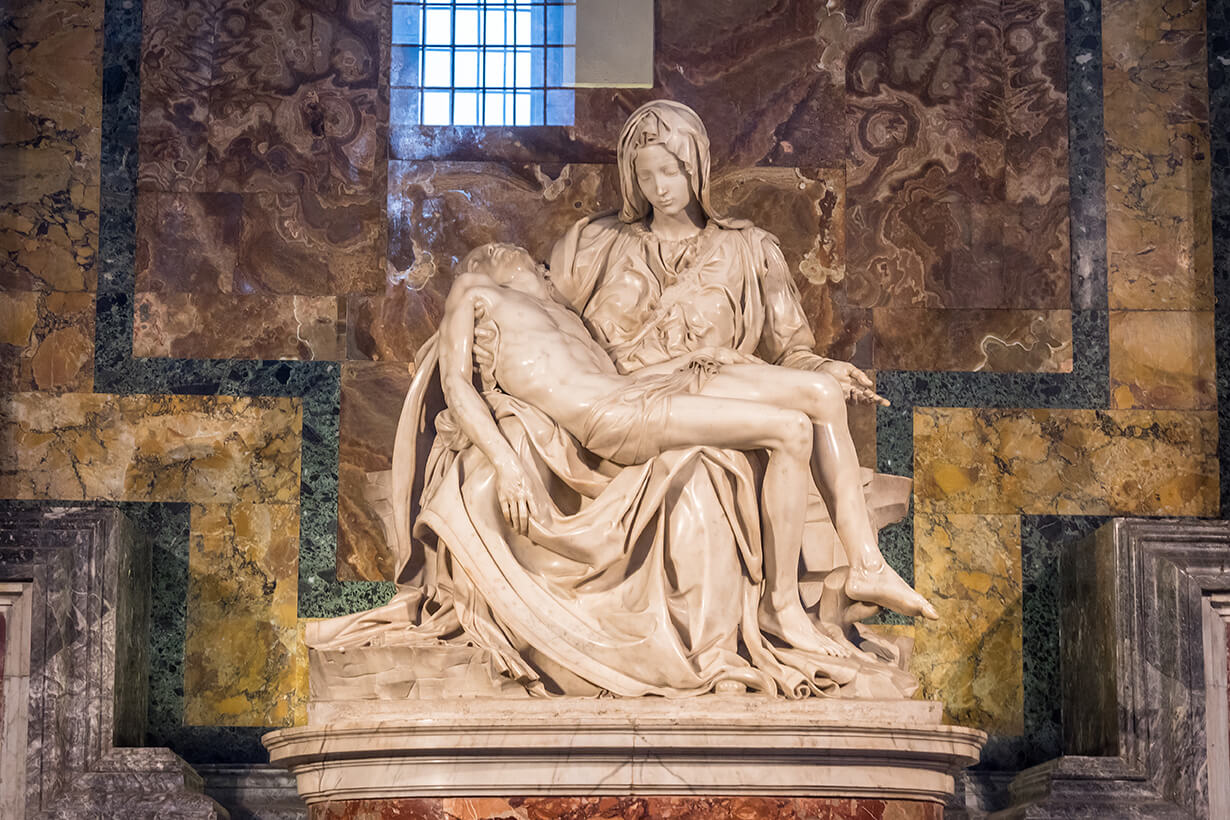 Michelangelo's Pietà in St Peter's Basilica, a Vatican depiction of the mourning over Christ's body related in theme to Caravaggio's Entombment altarpiece in the Pinacoteca