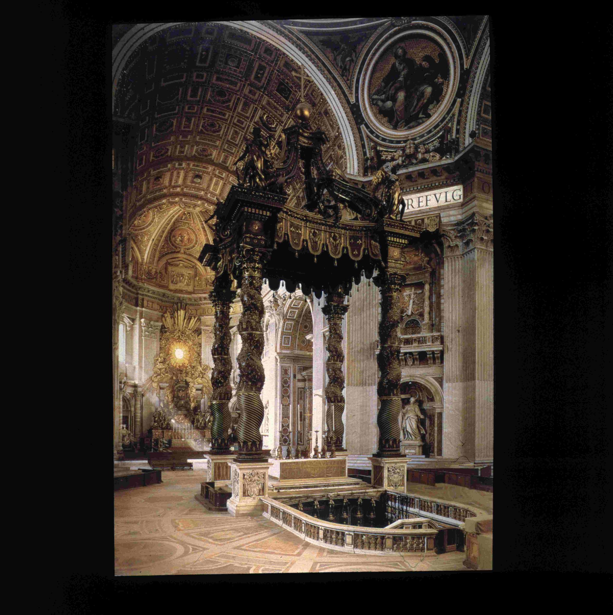 Engraving of Bernini's Baldachin over the papal altar in St Peter's Basilica, the sculptor's best-known work in the church that also holds his tomb monument to Alexander VII